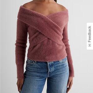 Faux Fur Off The Shoulder Surplice Sweater.